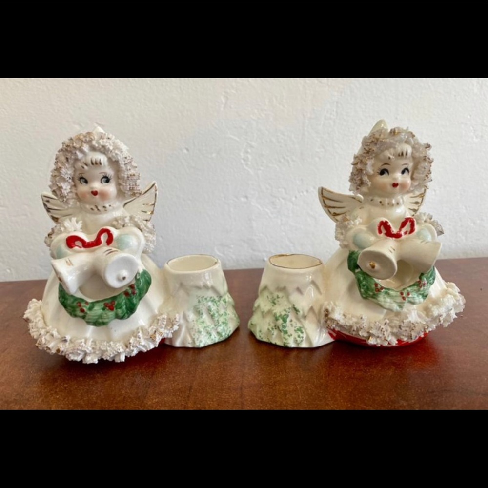 Vintage Commodore Lace Christmas Angel Candle Holders